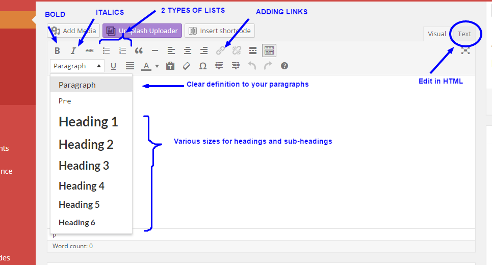 formatting wordpress posts using visual editor