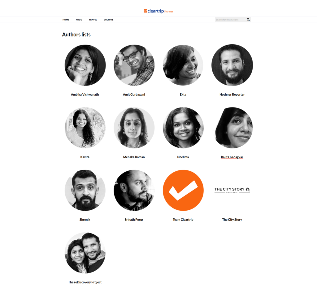 Authors list feature on Cleartrip Stories Blog