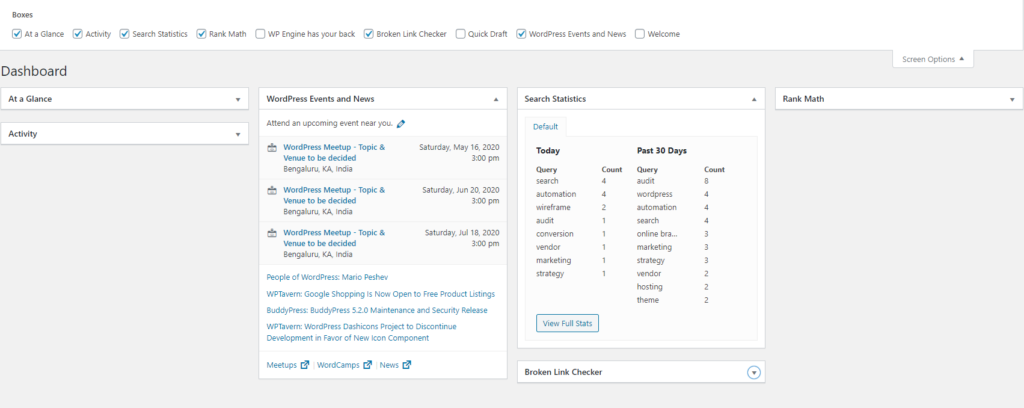 WordPress Dashboard Screen Options Panel