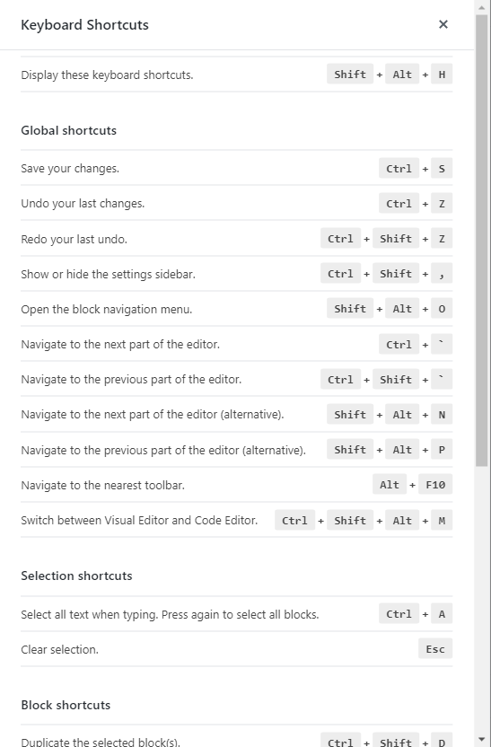 WordPress features - Keyboard shortcuts