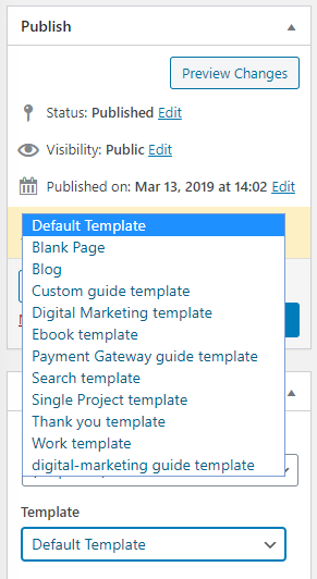 Selecting a page template in WordPress