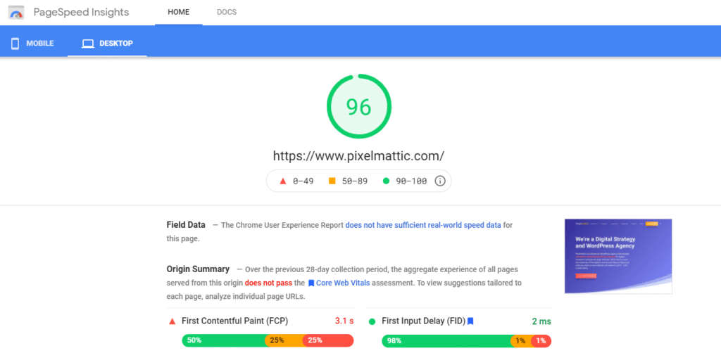 Page speed insights screenshot